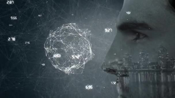 데이터와 네트워크와 회전하는 지구본 애니메이션 과검은 배경에 남성의 — 비디오
