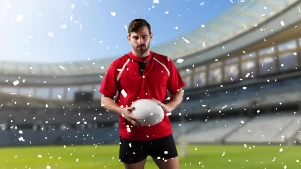 Animación Jugador Rugby Masculino Caucásico Jugando Con Una Pelota Mirando — Vídeos de Stock