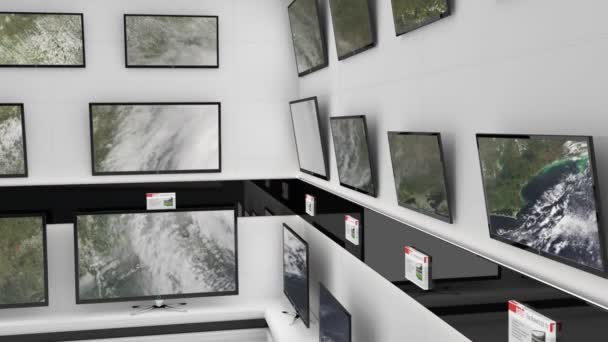 Animation Bewegter Wolken Auf Mehreren Fernsehbildschirmen Einem Geschäft Schwarz Weiß — Stockvideo