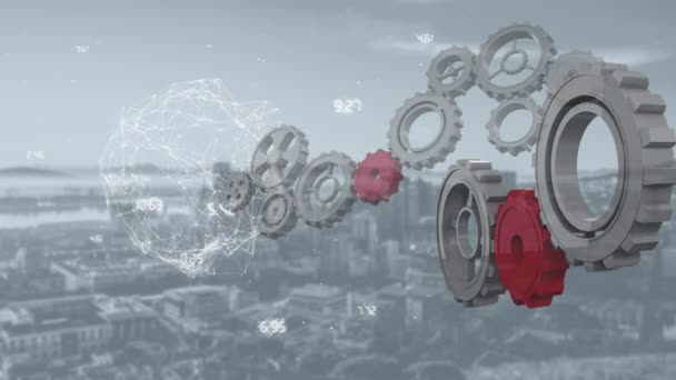 Анімація Червоних Когів Обертаються Час Глобус Обертається Мережею Даних Єднань — стокове відео