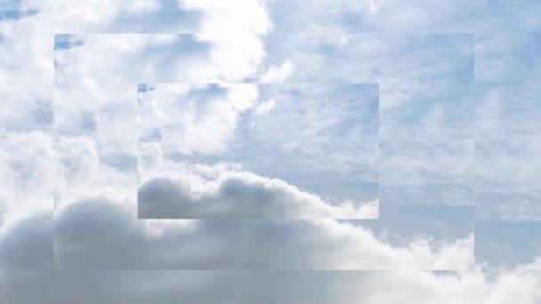 減少するサイズの3つの重ね合った画面に青空に白い雲を転がすアニメーション — ストック動画