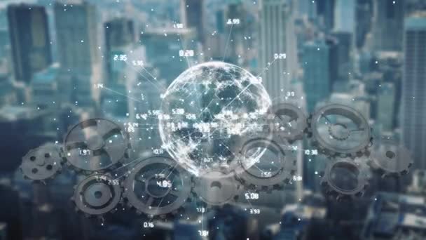 Animation Cogs Rotating While Globe Spinning Data Connection Network Cityscape — Stock Video