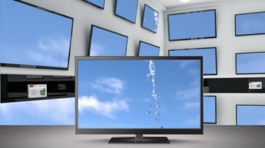 Arka planda bir mağazada televizyon ekranları bir banka ile bir televizyon ekranında görüntülenen bulutlar ve su sıçraması ile mavi gökyüzü animasyon