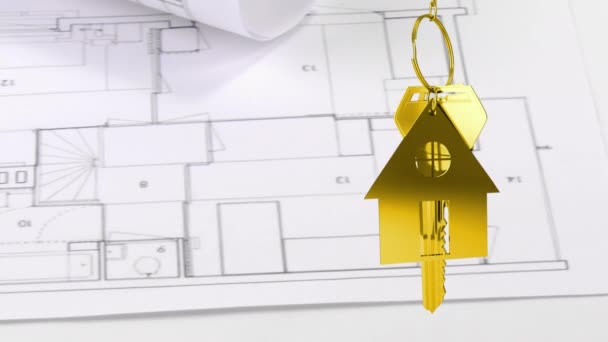 Animatie Van Gouden Huissleutels Huis Vormige Sleutelhanger Opknoping Met Architecturale — Stockvideo