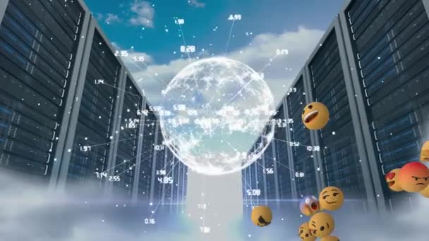 Animación Globo Girando Con Datos Red Conexión Con Emojis Volando — Vídeos de Stock