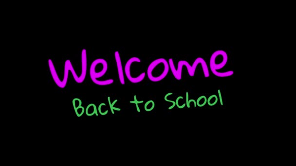 Animation Words Welcome Back School Handwritten Pink Green Black Background — стоковое видео