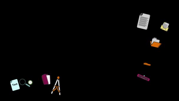 Анімація Барвистих Іконок Шкільних Офісних Предметів Рухаються Чорному Тлі — стокове відео