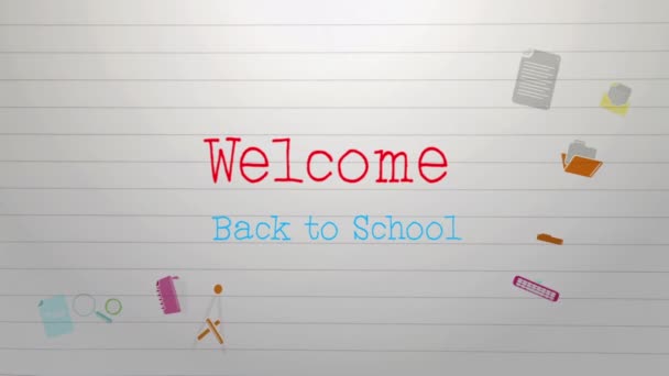 カラフルなアイコンが支配されたノートブックの背景に移動する赤と青で学校に戻って歓迎の言葉のアニメーション — ストック動画