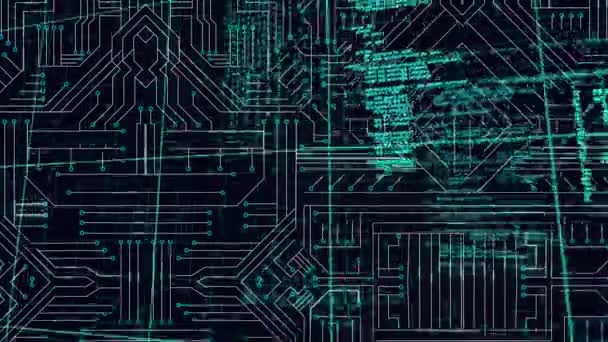 黒い回路基板上で上にスクロールする緑色のデータのアニメーション — ストック動画