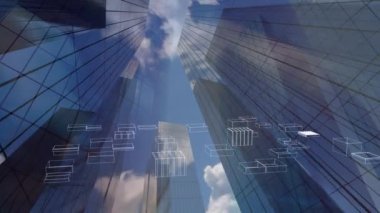 Bulutlar ve ön planda dönen bir şehrin 3d çizim ile mavi gökyüzüne karşı yansıtıcı modern ofis binalarınAnimasyon