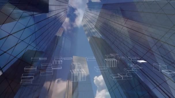 Animação Edifícios Escritório Modernos Reflexivos Contra Céu Azul Com Nuvens — Vídeo de Stock