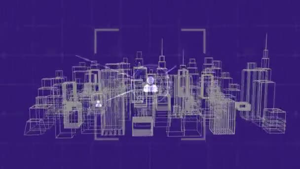 全局网络的动画和在紫色背景上旋转 城市模型的链接图标 — 图库视频影像
