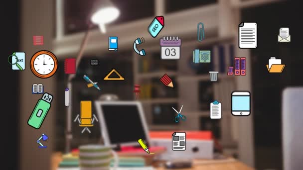 Animation Colorful Icons Office Items Appearing Out Focus Office Background — Stock Video