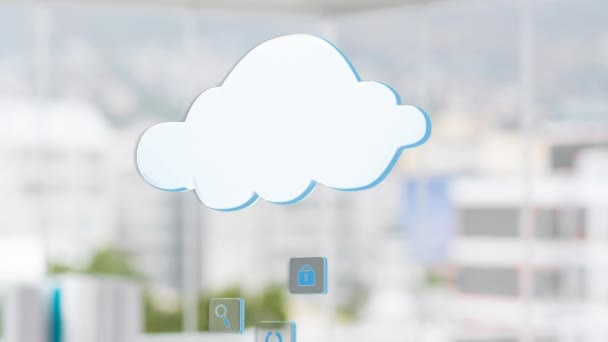 Animation White Cloud Digital Icons Flying Out Focus Cityscape Background — Stock Video