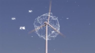 Mavi gökyüzüne ve dönen küreye karşı dönen bir rüzgar türbininin ön planda beyaz renkte verilerle animasyonu