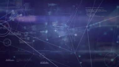 Mor arka plan üzerinde bağlantı noktalarını hareket ettiren küresel bir ağın animasyonu ve veri işleme