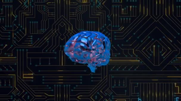 淡い光の軌跡が移動するコンピュータ回路基板の背景に向けて回転する輝く青い3D脳のアニメーション — ストック動画