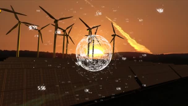 夕焼けに対して風力タービンを回し 前景を埋める白いデータで地球を回転させるアニメーション — ストック動画