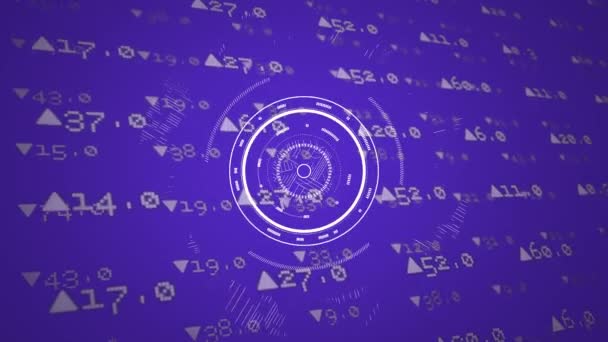 在紫色背景上滚动数据以及带有箭头和旋转圆圈的数字的动画 — 图库视频影像