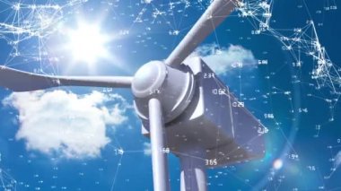 Güneş ışığı ile mavi bir gökyüzüne karşı bir dönüm rüzgar türbinanimasyon ve ön plan doldurma beyaz bağlantı bağlantıları ile