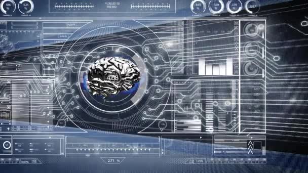 Animacja Metalicznego Mózgu Obracając Dane Przetwarzane Czarnym Tle — Wideo stockowe