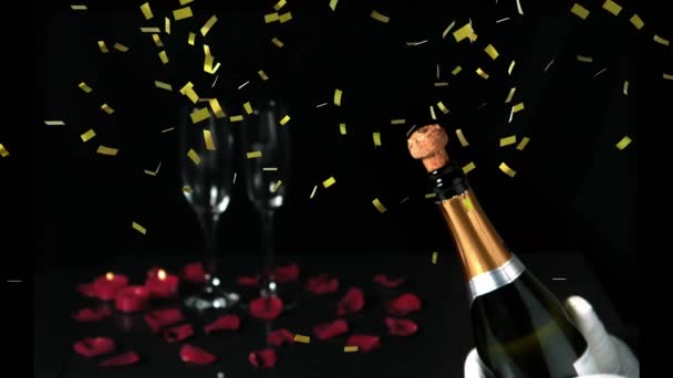 Animazione Primo Piano Tappo Che Tira Una Bottiglia Champagne Con — Video Stock