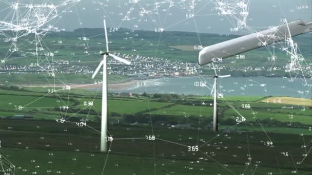 Animation Turning Wind Turbines Countryside Network Connections White Floating — Stock Video