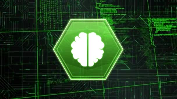 Animation Brain Icon Green Black Circuit Board — Stock Video