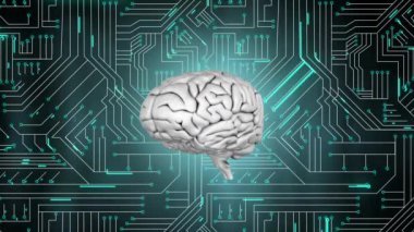 Bir bilgisayar devre kartı nın arka planına karşı dönen gri bir 3d beynin animasyonu