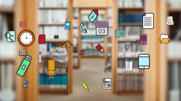 Animation Colorful Icons Office Items Appearing Out Focus Bookshelves Background — Stock Video