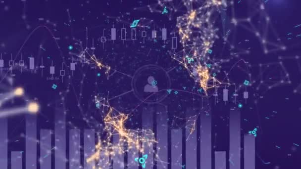 紫色の背景にターコイズの形状とチャートを持つグローバルネットワークとデータ接続のアニメーション — ストック動画