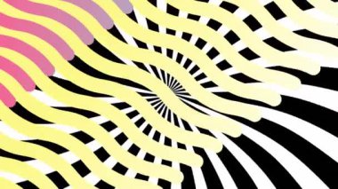 Dönen siyah beyaz çizgili arka plan üzerinde sol üst köşeden görünen sarı, pembe ve mavi çizgilerin animasyonu