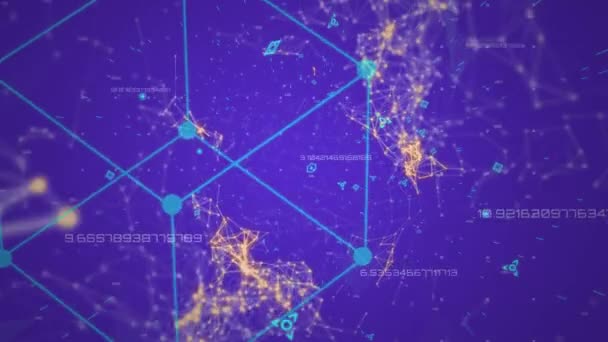 紫色の背景に浮かぶ青い立方体のネットワークとデータ処理のアニメーション — ストック動画