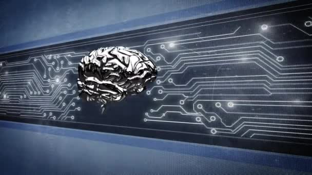 コンピュータ回路基板で画面上を回転する金属3D脳のアニメーション — ストック動画