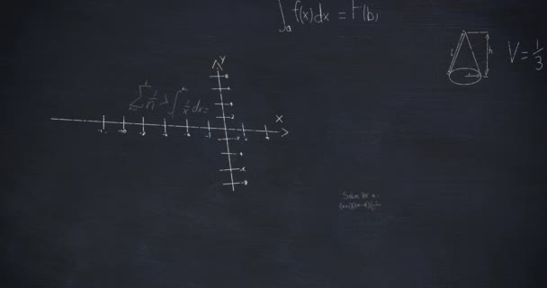 Animation de calculs mathématiques manuscrits en blanc flottant sur un fond de tableau bleu foncé 