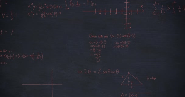 Animation Handwritten Mathematical Calculations Pink Appearing Dark Blue Chalkboard Background — Stock Video