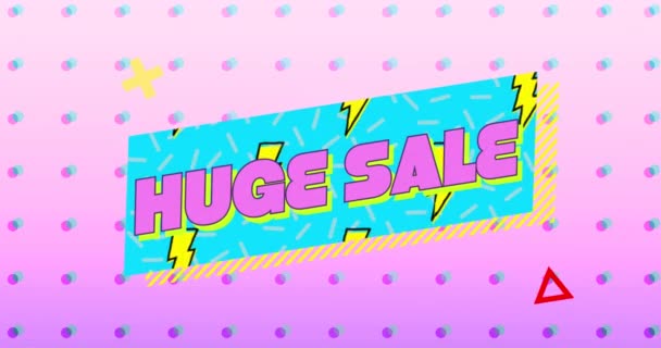 ドットとピンクの背景に動くグラフィックと形状を持つターコイズのバナー上のピンクの文字で巨大な販売の単語のアニメーション — ストック動画