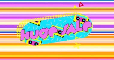 Çok renkli çizgili arka plan üzerinde hareketli grafik ve şekiller ile turkuaz oval pembe harflerle kelimelerin Büyük Satış Animasyon