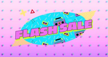 Hareketli grafik ve noktalı pembe bir arka plan üzerinde şekiller ile turkuaz oval pembe harflerle kelime Flash Sale animasyon