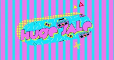 Şekilli turkuaz oval ve pembe ve turkuaz çizgili arka plan üzerinde pembe harflerle görünen kelimelerin Büyük Satış Animasyon