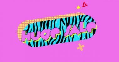 Turkuaz ve siyah zebra pembe bir arka plan üzerinde hareketli grafik ve şekiller ile oval çizgili pembe harflerle kelimelerin Büyük Satış Animasyon