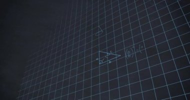 Mavi tebeşirle el yazısı matematiksel hesaplamaların animasyonu koyu mavi tebeşir tahtası arka plan üzerinde bir ızgara üzerinde yüzen mavi tebeşir