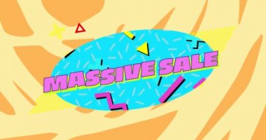 Turkuaz oval ve sarı ve kahverengi desenli arka planda görüntülenen pembe ve şekiller massive Sale kelimelerin animasyonu