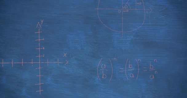 Animation de calculs mathématiques manuscrits en rose flottant sur un fond de tableau bleu 