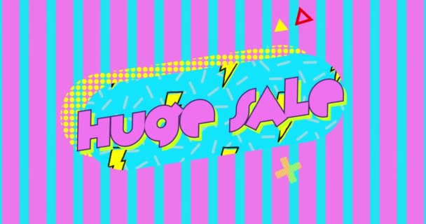 ターコイズ色の楕円形とピンクとターコイズのストライプの背景に表示される単語巨大な販売と形状のアニメーション — ストック動画