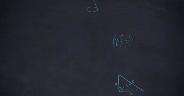 Animation du zoom arrière montrant les équations mathématiques et les calculs manuscrits à la craie bleue se déplaçant sur un fond de tableau bleu foncé 