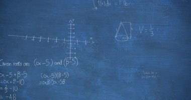 Mavi tebeşir tahtası arka planda hareket eden beyaz tebeşirle el yazısıyla yazılmış matematiksel denklemlere ve hesaplamalara doğru yakınlaştırmanın animasyonu