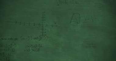 Koyu yeşil tebeşir tahtası arka planda hareket eden siyah tebeşirle el yazısıyla yazılmış matematiksel denklemlere ve hesaplamalara doğru yakınlaştırmanın animasyonu