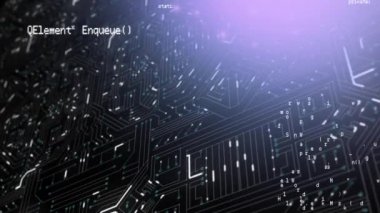 Veri kaydırma animasyonu ve mor arka plan üzerinde hareket eden ışık izleri ile bir bilgisayar devre kartı