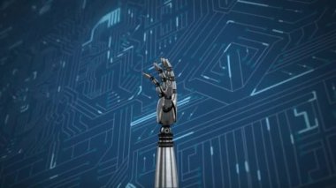 Metal robot el tornalama ve bir bilgisayar devre kartı üzerinde yumruk sıkma animasyon, mavi bir arka plan üzerinde ışık izleri ile parlayan